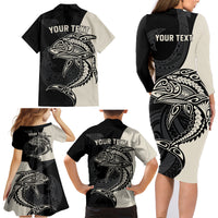 Personalised Polynesia Fishing Family Matching Long Sleeve Bodycon Dress and Hawaiian Shirt With Maori Hei Matau Fish Hook Gold Art LT9 - Polynesian Pride