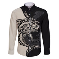 Personalised Polynesia Fishing Family Matching Mermaid Dress and Hawaiian Shirt With Maori Hei Matau Fish Hook Gold Art LT9 Dad's Shirt - Long Sleeve Gold - Polynesian Pride