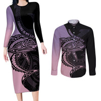 Personalised Polynesia Fishing Couples Matching Long Sleeve Bodycon Dress and Long Sleeve Button Shirts With Maori Hei Matau Fish Hook Pastel Art LT9 Pastel - Polynesian Pride