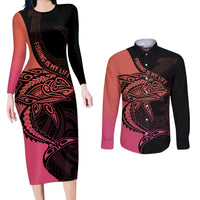 Personalised Polynesia Fishing Couples Matching Long Sleeve Bodycon Dress and Long Sleeve Button Shirts With Maori Hei Matau Fish Hook Pink Art LT9 Pink - Polynesian Pride
