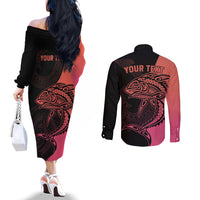 Personalised Polynesia Fishing Couples Matching Off The Shoulder Long Sleeve Dress and Long Sleeve Button Shirts With Maori Hei Matau Fish Hook Pink Art LT9 - Polynesian Pride