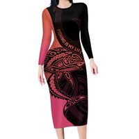 Personalised Polynesia Fishing Family Matching Long Sleeve Bodycon Dress and Hawaiian Shirt With Maori Hei Matau Fish Hook Pink Art LT9 Mom's Dress Pink - Polynesian Pride