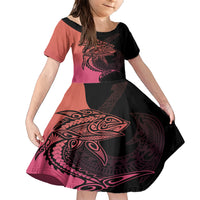 Personalised Polynesia Fishing Family Matching Short Sleeve Bodycon Dress and Hawaiian Shirt With Maori Hei Matau Fish Hook Pink Art LT9 Daughter's Dress Pink - Polynesian Pride