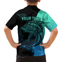 Personalised Polynesia Fishing Family Matching Off Shoulder Maxi Dress and Hawaiian Shirt With Maori Hei Matau Fish Hook Turquoise Art LT9 - Polynesian Pride