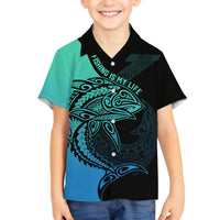 Personalised Polynesia Fishing Family Matching Off Shoulder Maxi Dress and Hawaiian Shirt With Maori Hei Matau Fish Hook Turquoise Art LT9 Son's Shirt Turquoise - Polynesian Pride