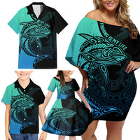 Personalised Polynesia Fishing Family Matching Off Shoulder Short Dress and Hawaiian Shirt With Maori Hei Matau Fish Hook Turquoise Art LT9 - Polynesian Pride