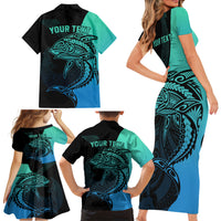 Personalised Polynesia Fishing Family Matching Short Sleeve Bodycon Dress and Hawaiian Shirt With Maori Hei Matau Fish Hook Turquoise Art LT9 - Polynesian Pride