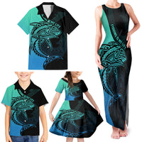 Personalised Polynesia Fishing Family Matching Tank Maxi Dress and Hawaiian Shirt With Maori Hei Matau Fish Hook Turquoise Art LT9 - Polynesian Pride
