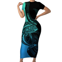 Personalised Polynesia Fishing Short Sleeve Bodycon Dress With Maori Hei Matau Fish Hook Turquoise Art LT9 Long Dress Turquoise - Polynesian Pride
