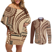 Samoa Siapo Arty Couples Matching Off Shoulder Short Dress and Long Sleeve Button Shirt Brown Style LT9 Brown - Polynesian Pride