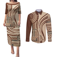 Samoa Siapo Arty Couples Matching Puletasi Dress and Long Sleeve Button Shirt Brown Style LT9 Brown - Polynesian Pride