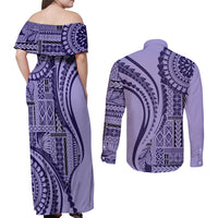 Samoa Siapo Arty Couples Matching Off Shoulder Maxi Dress and Long Sleeve Button Shirt Purple Style LT9 - Polynesian Pride
