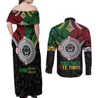 Aotearoa and Cook Islands Mo Te Tiriti Couples Matching Off Shoulder Maxi Dress and Long Sleeve Button Shirt New Zealand Honour The Treaty Ake!Ake!Ake!