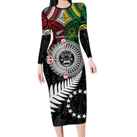 Aotearoa and Cook Islands Mo Te Tiriti Family Matching Long Sleeve Bodycon Dress and Hawaiian Shirt New Zealand Honour The Treaty Ake!Ake!Ake! LT9 Mom's Dress Green - Polynesian Pride