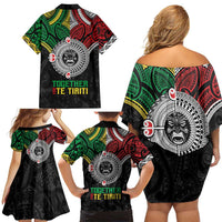 Aotearoa and Cook Islands Mo Te Tiriti Family Matching Off Shoulder Short Dress and Hawaiian Shirt New Zealand Honour The Treaty Ake!Ake!Ake! LT9 - Polynesian Pride