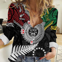 Aotearoa and Cook Islands Mo Te Tiriti Women Casual Shirt New Zealand Honour The Treaty Ake!Ake!Ake! LT9 Female Green - Polynesian Pride