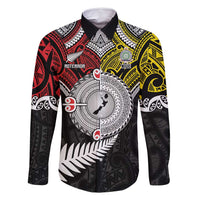Aotearoa and Niue Mo Te Tiriti Family Matching Long Sleeve Bodycon Dress and Hawaiian Shirt New Zealand Honour The Treaty Ake!Ake!Ake! LT9 Dad's Shirt - Long Sleeve Gold - Polynesian Pride