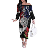 Aotearoa and Samoa Mo Te Tiriti Family Matching Off The Shoulder Long Sleeve Dress and Hawaiian Shirt Tangata Moana Stand with Tangata Whenua LT9 Mom's Dress Blue - Polynesian Pride