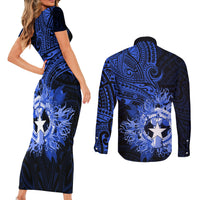 Northern Mariana Islands Ylang-ylang Mwarmwar Couples Matching Short Sleeve Bodycon Dress and Long Sleeve Button Shirt Polynesian Blue Style LT9 - Polynesian Pride