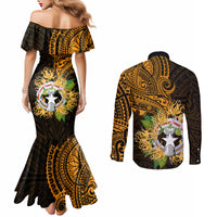 Northern Mariana Islands Ylang-ylang Mwarmwar Couples Matching Mermaid Dress and Long Sleeve Button Shirt Polynesian Gold Style LT9 - Polynesian Pride
