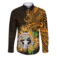 Northern Mariana Islands Ylang-ylang Mwarmwar Family Matching Off Shoulder Long Sleeve Dress and Hawaiian Shirt Polynesian Gold Style LT9 Dad's Shirt - Long Sleeve Gold - Polynesian Pride