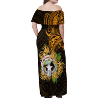 Northern Mariana Islands Ylang-ylang Mwarmwar Family Matching Off Shoulder Maxi Dress and Hawaiian Shirt Polynesian Gold Style LT9 - Polynesian Pride