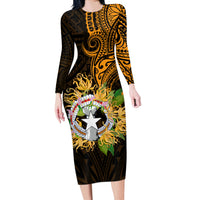 Northern Mariana Islands Ylang-ylang Mwarmwar Long Sleeve Bodycon Dress Polynesian Gold Style LT9 Long Dress Gold - Polynesian Pride