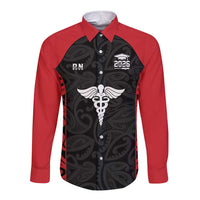 New Zealand Nurse RN 2026 Personalised Long Sleeve Button Shirt Red Maori Pattern Cultural Pride