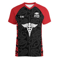 New Zealand Nurse RN 2026 Personalised Women V-Neck T-Shirt Red Maori Pattern Cultural Pride LT9 Female Red - Polynesian Pride