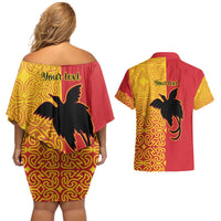 Papua New Guinea Oro Tapa Personalised Couples Matching Off Shoulder Short Dress and Hawaiian Shirt Simple Bird of Paradise Style - Polynesian Pride