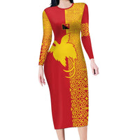Papua New Guinea Oro Tapa Personalised Long Sleeve Bodycon Dress Simple Bird of Paradise Style LT9 Long Dress Red - Polynesian Pride