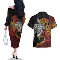 Papua New Guinea Sepik Personalised Couples Matching Off The Shoulder Long Sleeve Dress and Hawaiian Shirt PNG Bird of Paradise Tattoo - Polynesian Pride