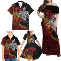 Papua New Guinea Sepik Personalised Family Matching Off Shoulder Maxi Dress and Hawaiian Shirt PNG Bird of Paradise Tattoo - Polynesian Pride