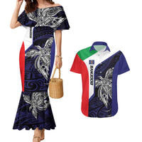Personalised PNG Bougainville Couples Matching Mermaid Dress and Hawaiian Shirt Bird of Paradise Tattoo Flag Motif - Polynesian Pride