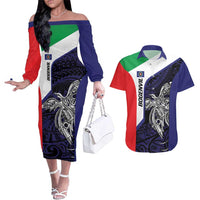 Personalised PNG Bougainville Couples Matching Off The Shoulder Long Sleeve Dress and Hawaiian Shirt Bird of Paradise Tattoo Flag Motif - Polynesian Pride