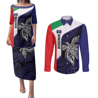 Personalised PNG Bougainville Couples Matching Puletasi and Long Sleeve Button Shirt Bird of Paradise Tattoo Flag Motif - Polynesian Pride