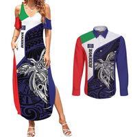 Personalised PNG Bougainville Couples Matching Summer Maxi Dress and Long Sleeve Button Shirt Bird of Paradise Tattoo Flag Motif - Polynesian Pride