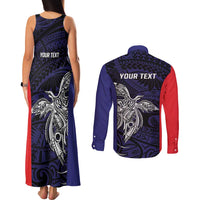 Personalised PNG Bougainville Couples Matching Tank Maxi Dress and Long Sleeve Button Shirt Bird of Paradise Tattoo Flag Motif - Polynesian Pride