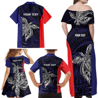 Personalised PNG Bougainville Family Matching Off Shoulder Maxi Dress and Hawaiian Shirt Bird of Paradise Tattoo Flag Motif - Polynesian Pride