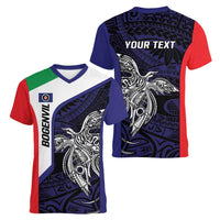 Personalised PNG Bougainville Women V-Neck T-Shirt Bird of Paradise Tattoo Flag Motif - Polynesian Pride