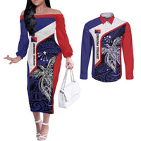 Personalised PNG Central Province Couples Matching Off The Shoulder Long Sleeve Dress and Long Sleeve Button Shirt Bird of Paradise Tattoo Flag Motif - Polynesian Pride