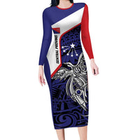 Personalised PNG Central Province Long Sleeve Bodycon Dress Bird of Paradise Tattoo Flag Motif LT9 Long Dress Blue - Polynesian Pride