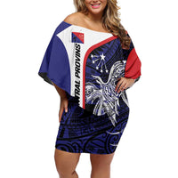 Personalised PNG Central Province Off Shoulder Short Dress Bird of Paradise Tattoo Flag Motif - Polynesian Pride