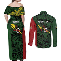 Personalised PNG Chimbu Province Couples Matching Off Shoulder Maxi Dress and Long Sleeve Button Shirt Bird of Paradise Tattoo Flag Motif - Polynesian Pride