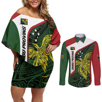 Personalised PNG Chimbu Province Couples Matching Off Shoulder Short Dress and Long Sleeve Button Shirt Bird of Paradise Tattoo Flag Motif - Polynesian Pride