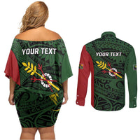 Personalised PNG Chimbu Province Couples Matching Off Shoulder Short Dress and Long Sleeve Button Shirt Bird of Paradise Tattoo Flag Motif - Polynesian Pride