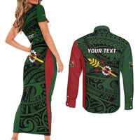 Personalised PNG Chimbu Province Couples Matching Short Sleeve Bodycon Dress and Long Sleeve Button Shirt Bird of Paradise Tattoo Flag Motif - Polynesian Pride
