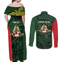 Personalised PNG East Sepik Province Couples Matching Off Shoulder Maxi Dress and Long Sleeve Button Shirt Bird of Paradise Tattoo Flag Motif - Polynesian Pride