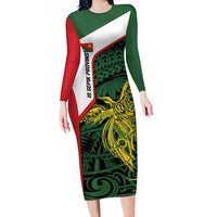 Personalised PNG East Sepik Province Long Sleeve Bodycon Dress Bird of Paradise Tattoo Flag Motif LT9 Long Dress Green - Polynesian Pride