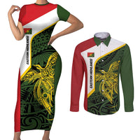 Personalised PNG Eastern Highlands Couples Matching Short Sleeve Bodycon Dress and Long Sleeve Button Shirt Bird of Paradise Tattoo Flag Motif - Polynesian Pride